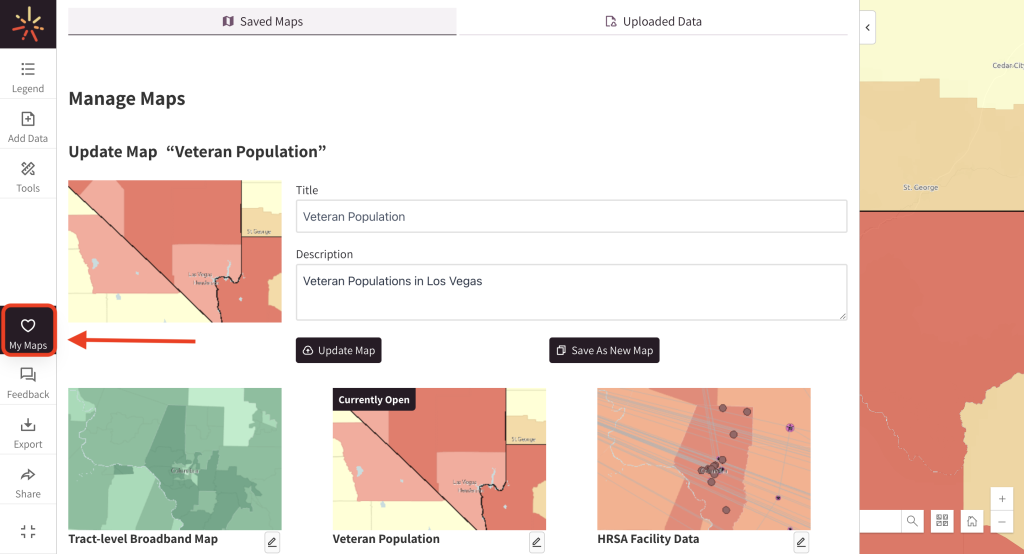 A SparkMap visitor clicks the "My Maps" button on the left menu to access their saved maps. 